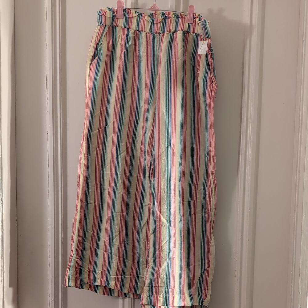 Colourful Linen Blend Striped Wide Leg Pants S